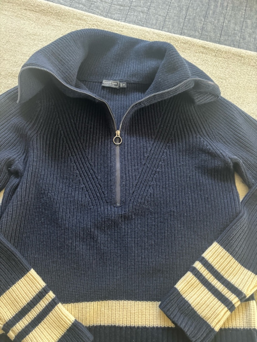 Vineyard Vines Navy Half-Zip Sweater with Cream Stripe Accents